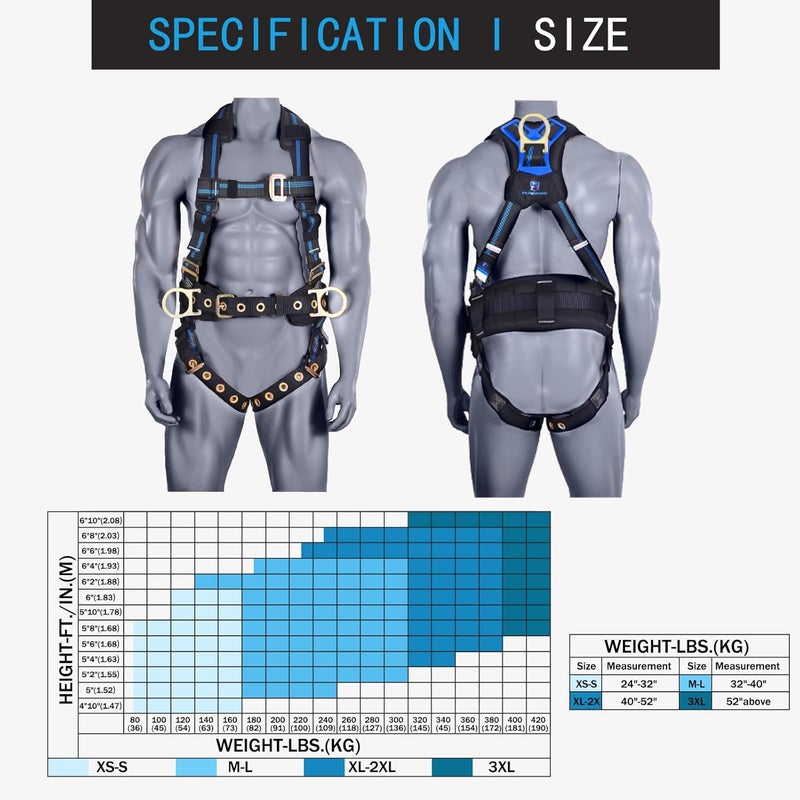 FHFallArrest Fall Protection 5pt Full-Body Safety Harness, Vented & Padded Shoulder, Back & Legs, 8” Thick Back Support, Tongue Buckle, D-Rings, Grommet Leg Straps & Waist Belt (OSHA/ANSI Rated PPE) - Image 5